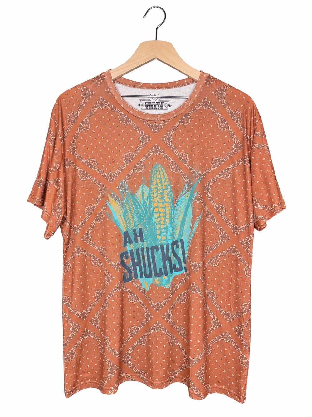 Crazy Train Orange Graphic Tee with Turquoise & Yellow Corn Print